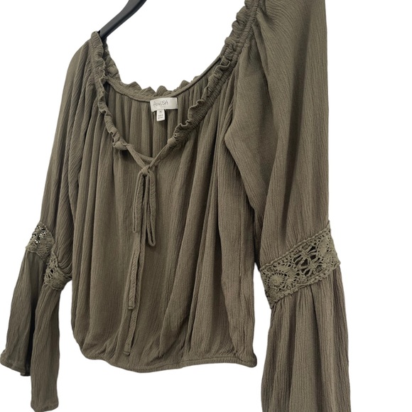 Off The Shoulder Navy Green Long Sleeve Top - Picture 2 of 3